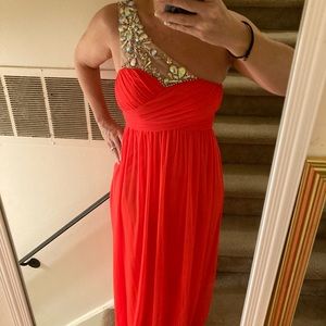 City Studio full length lined neon orange dress with nude and crystal shoulder